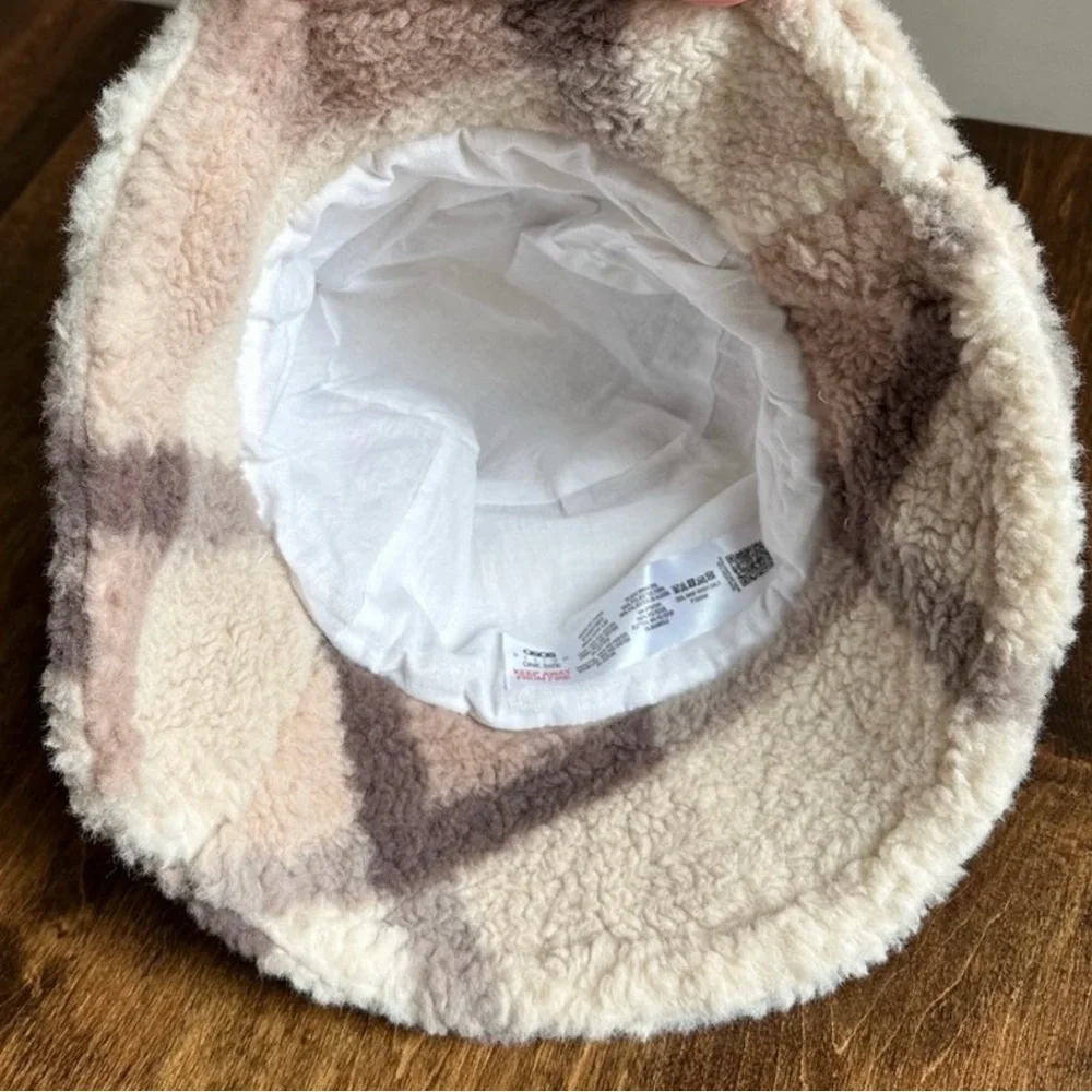 ASOS Sherling Bucket Hat in Tan Plaid Cream and Brown Adult